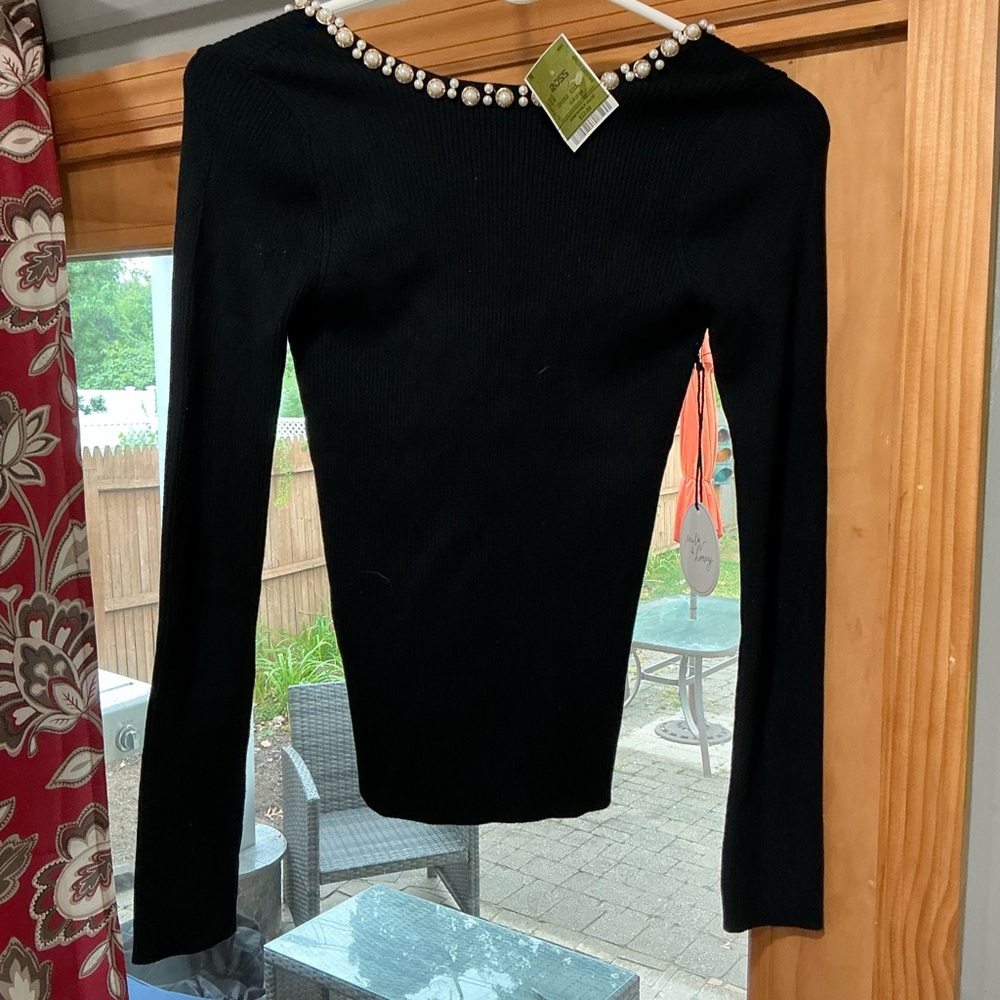Black Long Sleeve Top with Pearl Detail